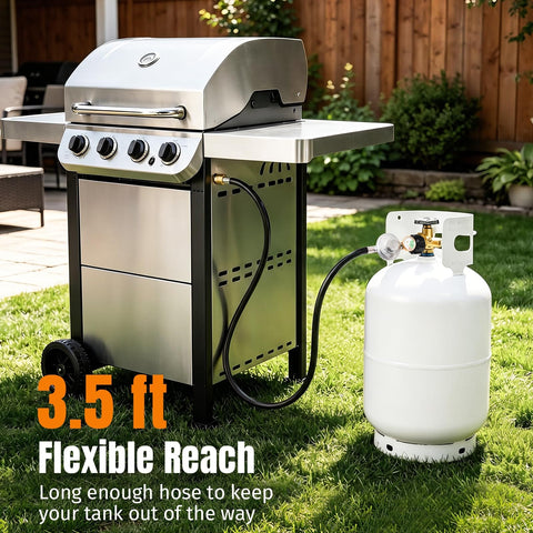 3.5 Ft Universal Gas Grill Regulator And Hose With Leak Detector Gauge For Propane BBQ Grills Patio Heaters And Fire Pits Compatible With Weber Char-Broil Nexgrill Blackstone 28 Inch 36 Inch Grills connected to a propane tank and grill