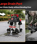 Heavy Duty Eight Gallon Wet And Dry Shop Vacuum With Badass Four Point Five Peak Horsepower Motor and Large Drain Port for easy water disposal.