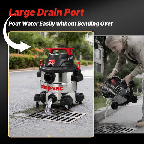 Heavy Duty Eight Gallon Wet And Dry Shop Vacuum With Badass Four Point Five Peak Horsepower Motor and Large Drain Port for easy water disposal.