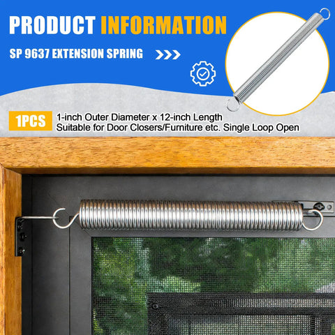 Strong Arm Extension Spring Crafted From Heavy Duty High Carbon Steel Measuring One Inch Outer Diameter By Twelve Inch Length Zero One Oh Five Wire Thickness Built Tough For Door Closers And Garage Hardware Retrofits installed in a wooden door frame.
