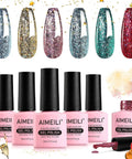Gel Nail Polish Kit Set 6x8ml Soak Off UV LED Hema Free Glitter Colors Red Green bottles and swatches