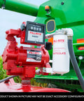 1 Inch Mechanical Fuel Transfer Meter in action with 23-151 LPM range, 4 digit readout, attached to FR300 series meter flange outdoors.