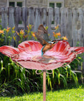 Handmade Glass Bird Bath With Red Finish On A Sturdy Three Prong Metal Stake For Garden Or Backyard Use, A Feeder And Bath Combo That Attracts Birds To Rest, Feed, And Splash In Your Outdoor Space