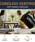 Pouring water from 1.7L Electric Kettle With No Fuss Fast Boil BPA Free Auto Shutoff Boil Dry Protection 360 Degree Swivel Cordless Base Clear View Window With Water Level Markings Black Finish