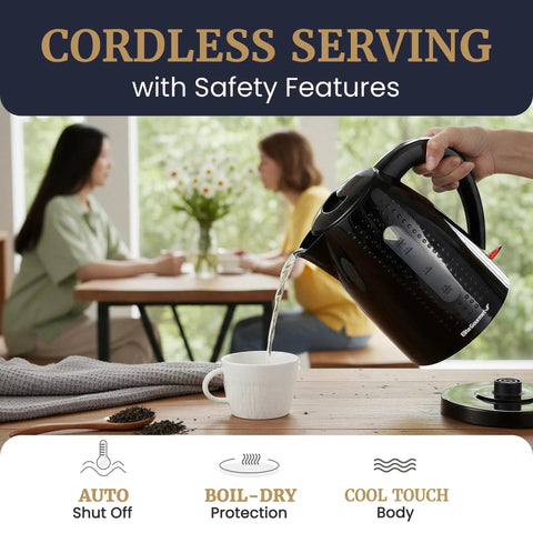 Pouring water from 1.7L Electric Kettle With No Fuss Fast Boil BPA Free Auto Shutoff Boil Dry Protection 360 Degree Swivel Cordless Base Clear View Window With Water Level Markings Black Finish