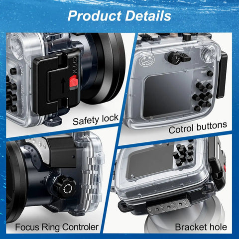 Underwater Camera Housing For Sony RX100 VII With IPX8 40m Depth, Waterproof Case, control buttons, safety lock, bracket hole