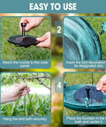 Instructional steps for setting up a Hanging Bird Bath With Solar Fountain For Outdoors, showing installation of nozzle and birds