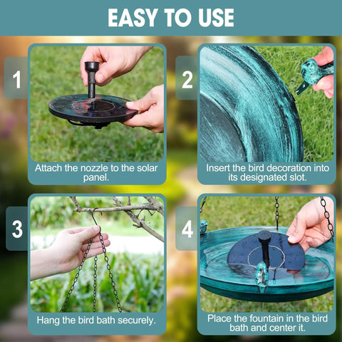 Instructional steps for setting up a Hanging Bird Bath With Solar Fountain For Outdoors, showing installation of nozzle and birds