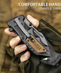 Close-up of Pocket Folding Knife For Men 3 Point 9 Inch Survival Tool with liner lock and belt clip in a hand