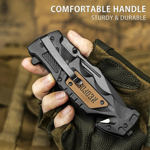 Close-up of Pocket Folding Knife For Men 3 Point 9 Inch Survival Tool with liner lock and belt clip in a hand
