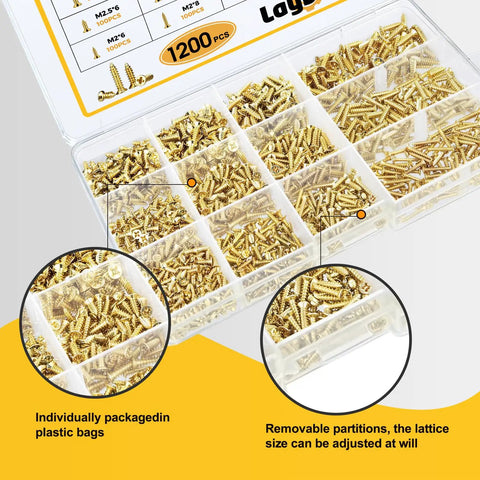 Box of 1200-Piece Self Tapping Screws Set For Plastic And Metal In M2 M2.5 M3 Phillips Flat Head Golden Carbon Steel