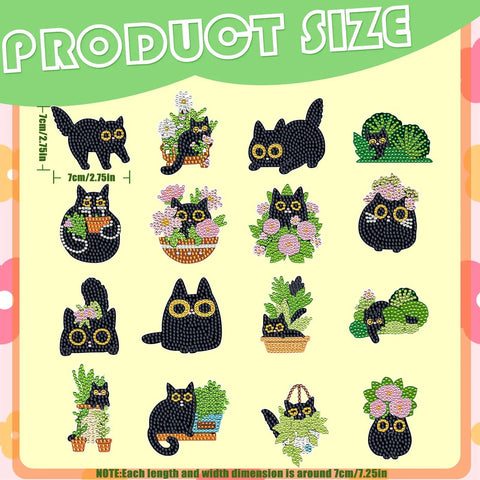 Black Cat Diamond Art Magnets Kit 16Pcs 5D DIY Diamond Painting Magnets on yellow background with black cat designs