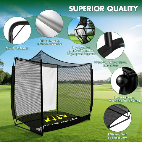 Golf Practice Net With HD Impact Screen And Auto Ball Return, Steel Frame With Side Nets For Indoor Or Outdoor Backyard Driving Range, Real Golf Balls Training Equipment, 10x8 Feet, shown with labeled features and a scenic backdrop