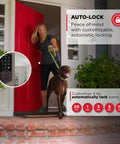 Woman and dog exiting home with Keyless Entry Electronic Touchpad Deadbolt Door Lock With Auto Lock, Custom User Codes visible.