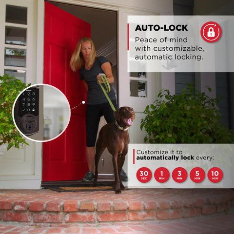 Woman and dog exiting home with Keyless Entry Electronic Touchpad Deadbolt Door Lock With Auto Lock, Custom User Codes visible.