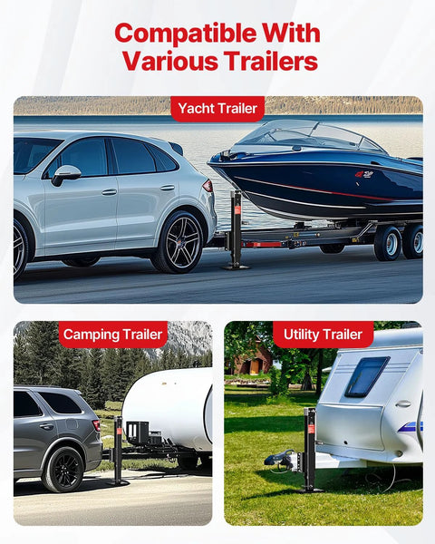 Trailer jack, 8000 lb capacity, black, installed on an RV/boat trailer; cordless drill compatible; 28.6-inch lift.