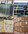 Heavy Duty Banding Strapping Kit With Tensioner And Sealer Tool All In One Pro Grade Half Inch 3500 Feet Polypropylene Strapping 300 Metal Seals applied on various pallets and goods in warehouse.