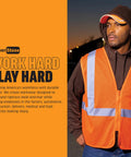 Person wearing orange safety vest and brown hoodie with text promoting durable workwear for various industries.