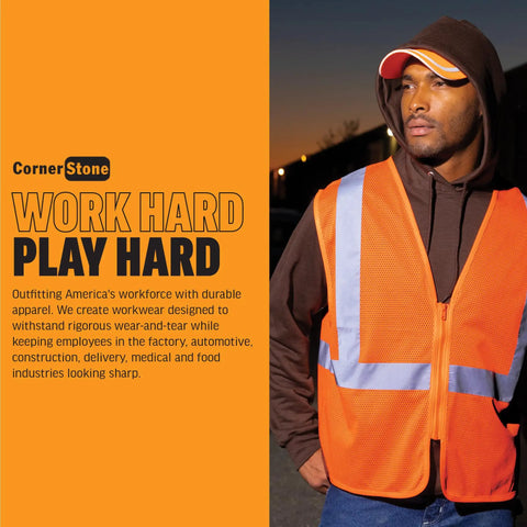 Person wearing orange safety vest and brown hoodie with text promoting durable workwear for various industries.