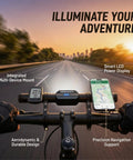 Beefy 800 Lumen USB Rechargeable Bike Headlight With 9.05 Inch Aluminum Handlebar Extender showing multi-device mount on a road