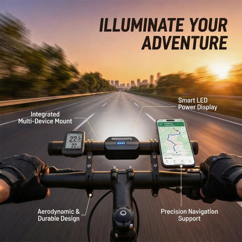 Beefy 800 Lumen USB Rechargeable Bike Headlight With 9.05 Inch Aluminum Handlebar Extender showing multi-device mount on a road