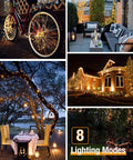 Outdoor Solar String Lights 4 Pack, 132 Ft Total, 320 LEDs Warm White Copper Wire decorating bike, patio, house, and trees