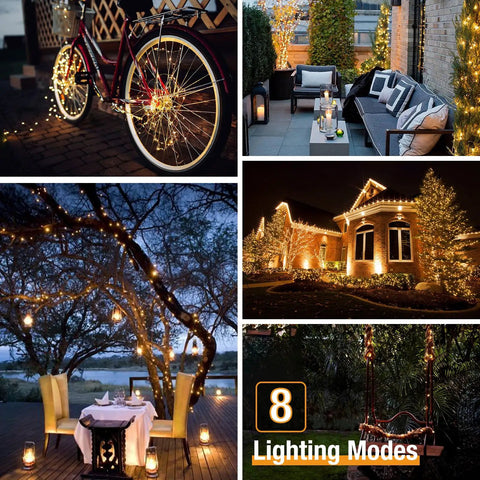 Outdoor Solar String Lights 4 Pack, 132 Ft Total, 320 LEDs Warm White Copper Wire decorating bike, patio, house, and trees