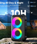 Karaoke Machine For Adults And Kids Portable Bluetooth Speaker with LED lights and TWS Mode in an outdoor setting at night.
