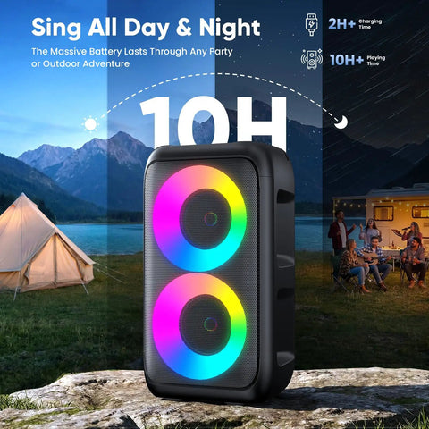 Karaoke Machine For Adults And Kids Portable Bluetooth Speaker with LED lights and TWS Mode in an outdoor setting at night.