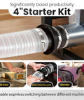 Installed view of a 4-inch magnetic dust collection fitting kit connecting a flexible white hose to a metal duct with metal clamps