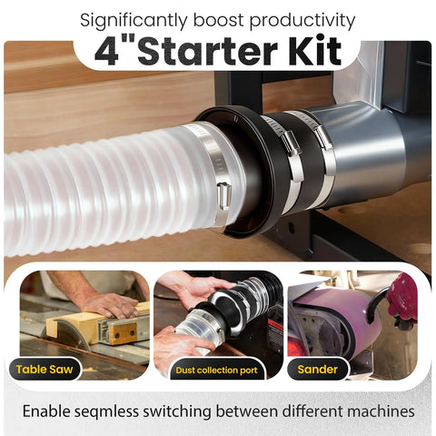 Installed view of a 4-inch magnetic dust collection fitting kit connecting a flexible white hose to a metal duct with metal clamps