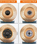 Close-up of wood carving discs for angle grinder with 5/8-11 and M10 shaft, part of Three Piece Angle Grinder Polishing Pad Set.