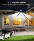 Angle view of Solar Motion Sensor Flood Lights Outdoor 210 LED 2500LM illuminating house exterior at night
