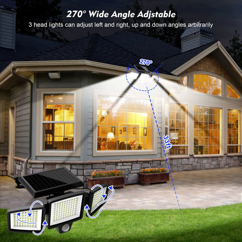 Angle view of Solar Motion Sensor Flood Lights Outdoor 210 LED 2500LM illuminating house exterior at night