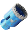 Close-up of blue BR SCHNITT vacuum-brazed diamond hole saw, 38 mm (1-1/2"), 5/8-11 thread for tile drilling