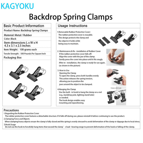 Heavy Duty 4 Pack Spring Clamps With Hooks For Photography Backdrops Stands And DIY Projects 4 Inch Clips For Lighting Cables Woodworking And Home Improvement Easy Grab Secure Grip, black metal rubber clamps