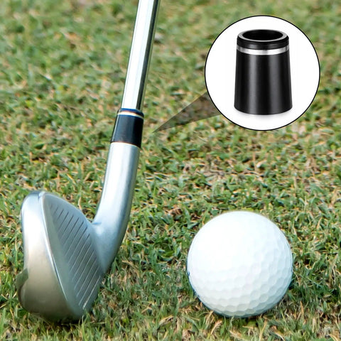 Golf club with 12Pcs Golf Ferrules Set For Irons 0.355 Inch Tip, Silver Ring Ferrule Inserts shown, on grass with ball.
