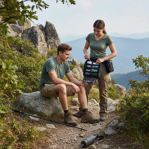 Camping hikers using Compact Empty First Aid Pouch For Outdoor Adventures With MOLLE Webbing Black Emergency Gear Organizer on trail