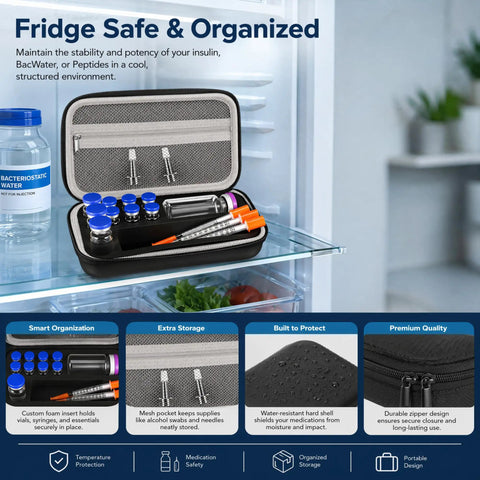 Grab And Go Vial Storage Case For Fridge And Travel Holds 7x 3ml 3x 10ml And 1x 30ml Vials With Mesh Pocket Organizer in fridge.