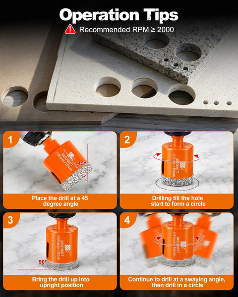 Operation tips for High Octane Diamond Core Drill Bit Set 13 Piece Hole Saw Kit showing drilling techniques on various surfaces.