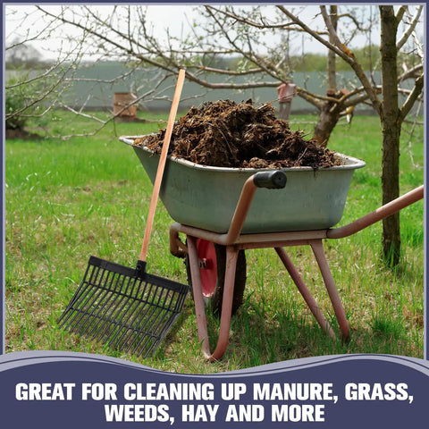 6 Piece Manure Fork Replacement Heads Kit With Screws And Nuts 18 Tine Pitchfork Rake next to wheelbarrow with manure