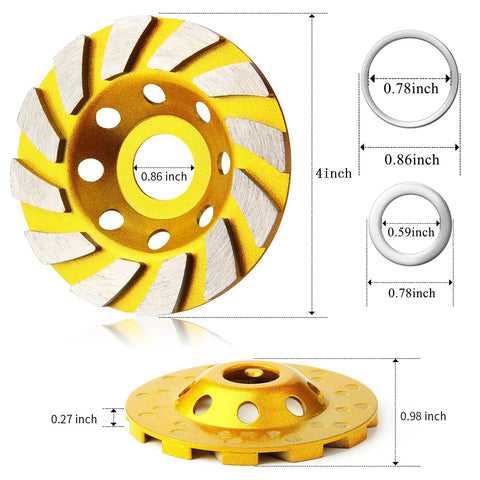 4 Inch Turbo Diamond Grinding Cup Wheel With 12 Segments For Concrete Tile Marble And Rock, Heat Treated Cup Design