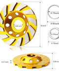 Two Piece 4 Inch Turbo Diamond Cup Wheel For Angle Grinder Heavy Duty 12 Segment Concrete Polishing Tool with dimensions and design.