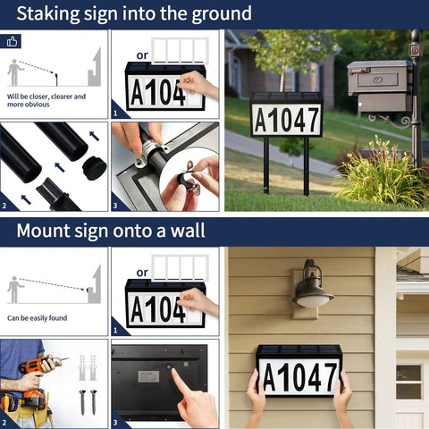 Lighted House Numbers For Outside Solar Powered LED Address Sign For Home Garden Yard Street Mailbox Wall Mounted Or Inserted With Stakes Weather Resistant Durable Build For Curb Appeal And Easy No Fuss Installation At Night showing staking and mounting options