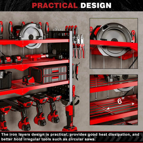 Power Tool Organizer Wall Mount With UL Certified 6 Outlet Charging Station 4 Layer 6 Slot Cordless Drill Holder And Angle Grinder Holder Red Heavy Duty Garage Workshop Storage