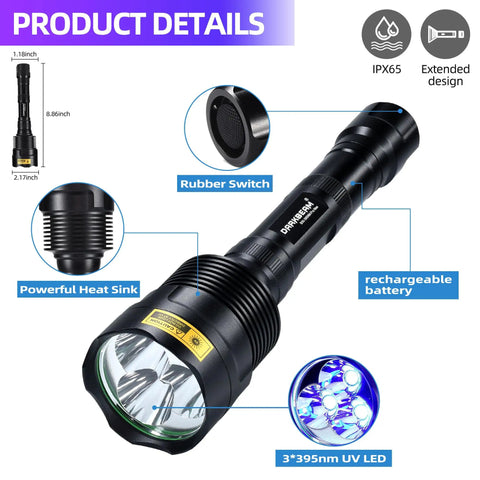 Blacklight UV Flashlight 395nm 3 LED Ultraviolet Black Light Rechargeable 30W with rubber switch and rechargeable battery