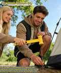 Two people using Camping Tent Stake Hammer With Puller Ultralight Nine Point Eight Four Inch Mallet Yellow PE Plastic Handle outdoors