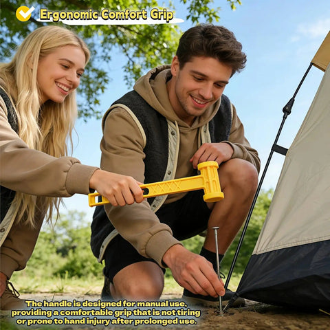 Two people using Camping Tent Stake Hammer With Puller Ultralight Nine Point Eight Four Inch Mallet Yellow PE Plastic Handle outdoors