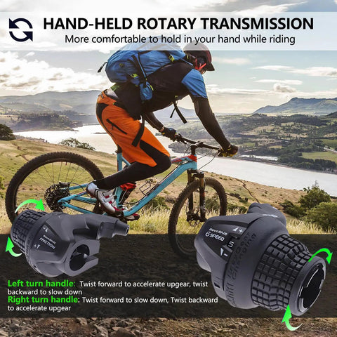 Cyclist using bike with Two Pack Universal Bike Gear Shifters 3x6 Speed Revoshift Trigger Levers for MTB and folding bikes RS25-3L RS25-6R
