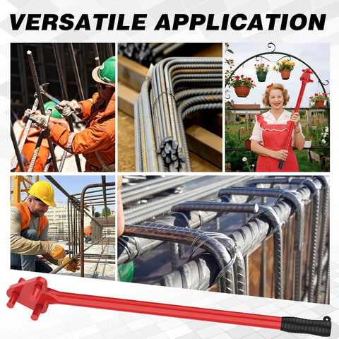 Heavy Duty Reverse Head Rebar Bender For 5/8 Inch Metal Rods shown in use with construction workers and rebar applications.